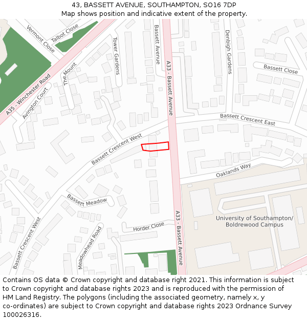 43, BASSETT AVENUE, SOUTHAMPTON, SO16 7DP: Location map and indicative extent of plot