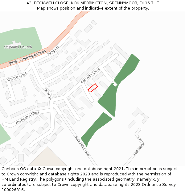 43, BECKWITH CLOSE, KIRK MERRINGTON, SPENNYMOOR, DL16 7HE: Location map and indicative extent of plot