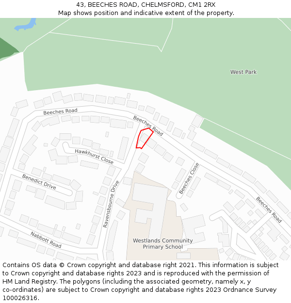 43, BEECHES ROAD, CHELMSFORD, CM1 2RX: Location map and indicative extent of plot