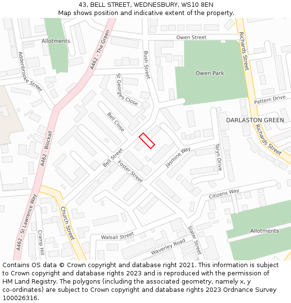 43, BELL STREET, WEDNESBURY, WS10 8EN: Location map and indicative extent of plot