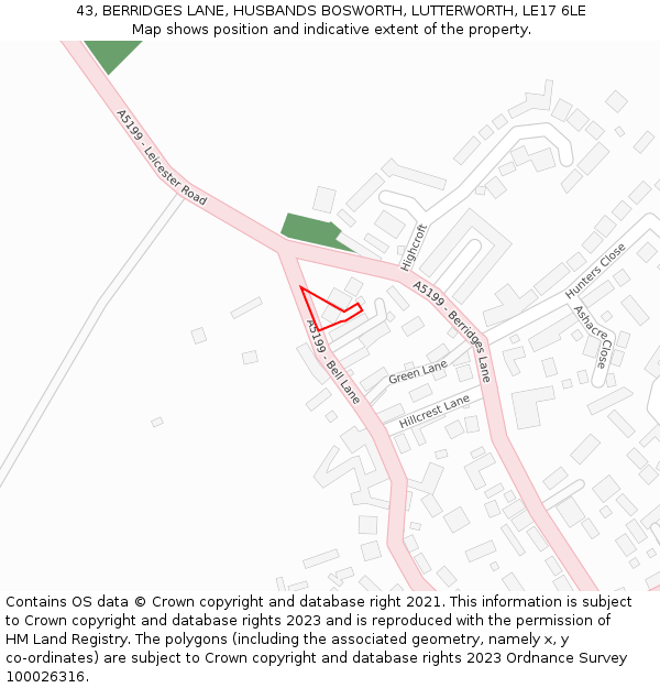 43, BERRIDGES LANE, HUSBANDS BOSWORTH, LUTTERWORTH, LE17 6LE: Location map and indicative extent of plot