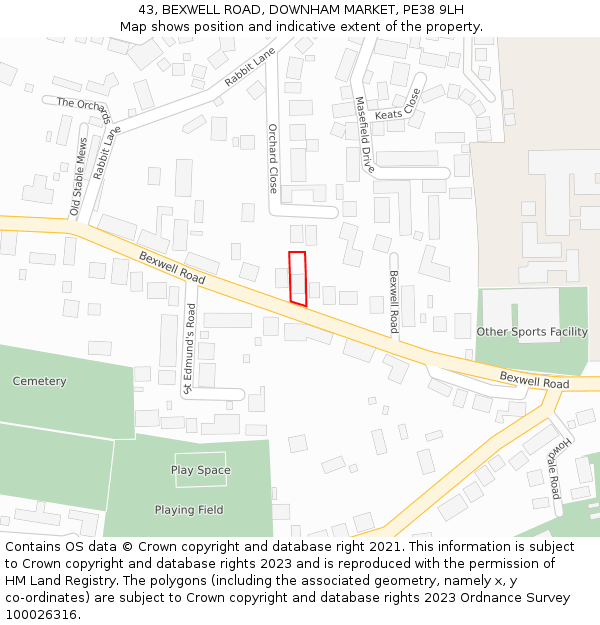 43, BEXWELL ROAD, DOWNHAM MARKET, PE38 9LH: Location map and indicative extent of plot