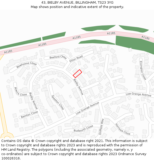 43, BIELBY AVENUE, BILLINGHAM, TS23 3YG: Location map and indicative extent of plot