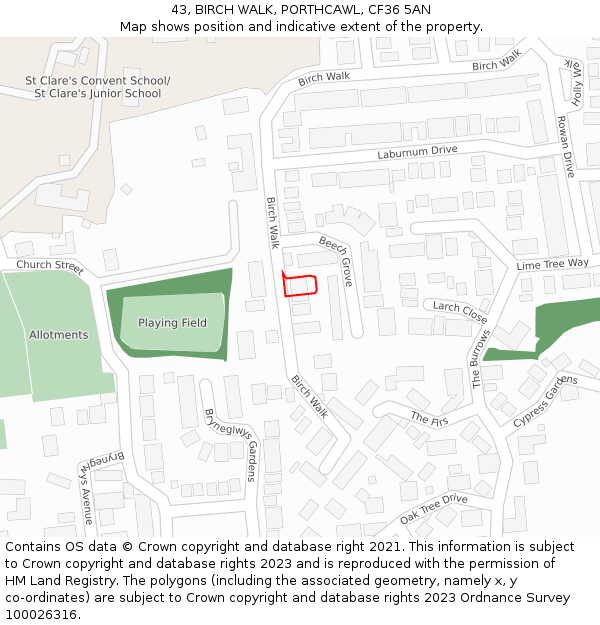 43, BIRCH WALK, PORTHCAWL, CF36 5AN: Location map and indicative extent of plot