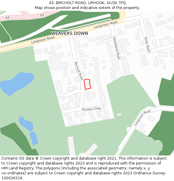 43, BIRCHOLT ROAD, LIPHOOK, GU30 7PQ: Location map and indicative extent of plot