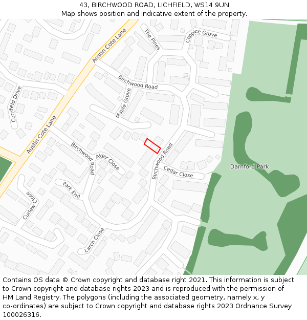 43, BIRCHWOOD ROAD, LICHFIELD, WS14 9UN: Location map and indicative extent of plot