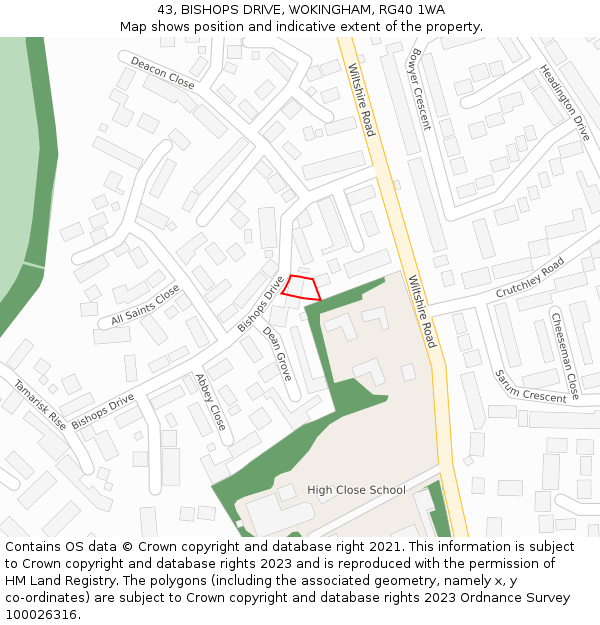 43, BISHOPS DRIVE, WOKINGHAM, RG40 1WA: Location map and indicative extent of plot