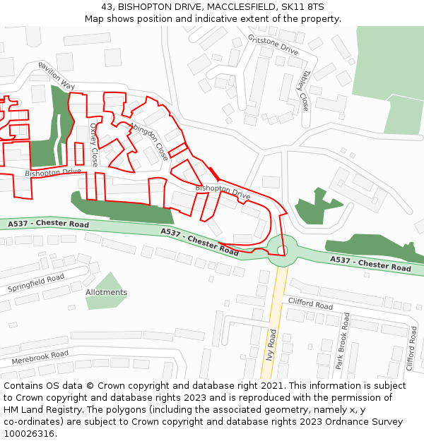 43, BISHOPTON DRIVE, MACCLESFIELD, SK11 8TS: Location map and indicative extent of plot