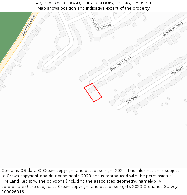 43, BLACKACRE ROAD, THEYDON BOIS, EPPING, CM16 7LT: Location map and indicative extent of plot