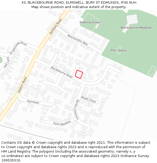43, BLACKBOURNE ROAD, ELMSWELL, BURY ST EDMUNDS, IP30 9UH: Location map and indicative extent of plot