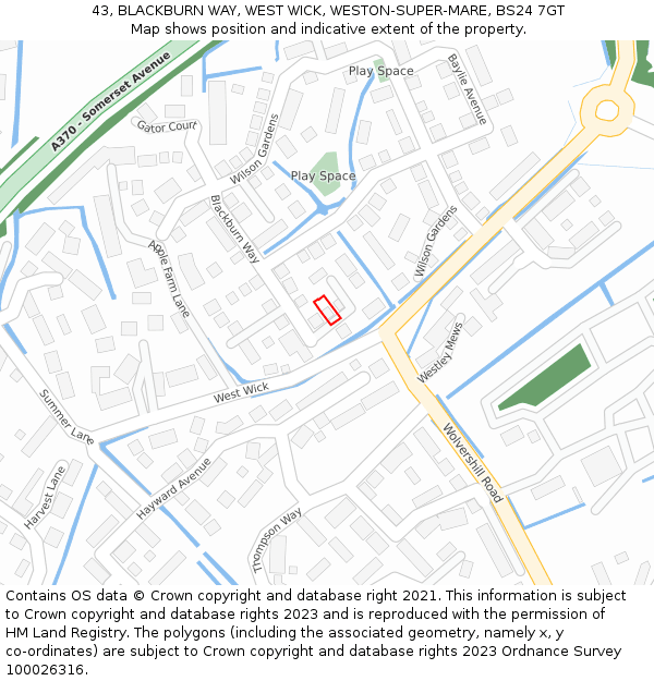 43, BLACKBURN WAY, WEST WICK, WESTON-SUPER-MARE, BS24 7GT: Location map and indicative extent of plot