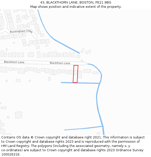 43, BLACKTHORN LANE, BOSTON, PE21 9BG: Location map and indicative extent of plot