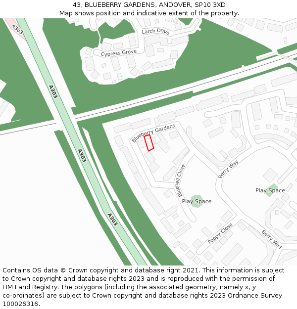 43, BLUEBERRY GARDENS, ANDOVER, SP10 3XD: Location map and indicative extent of plot