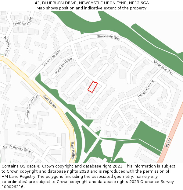 43, BLUEBURN DRIVE, NEWCASTLE UPON TYNE, NE12 6GA: Location map and indicative extent of plot