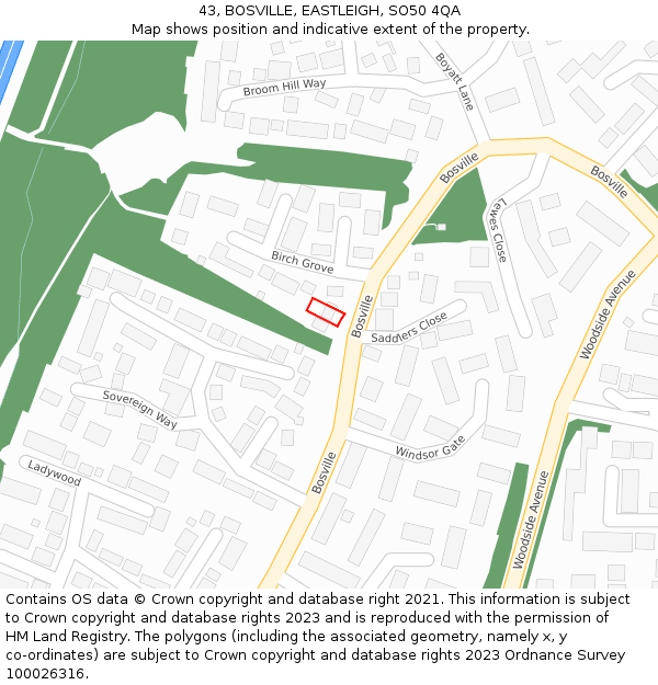 43, BOSVILLE, EASTLEIGH, SO50 4QA: Location map and indicative extent of plot