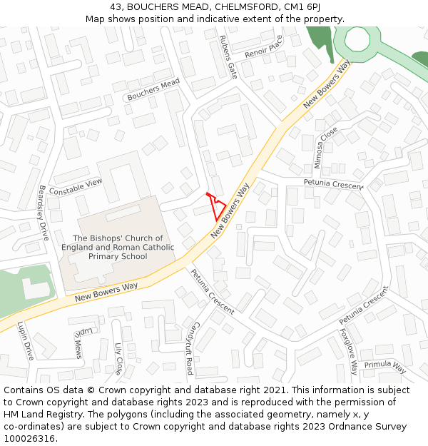 43, BOUCHERS MEAD, CHELMSFORD, CM1 6PJ: Location map and indicative extent of plot