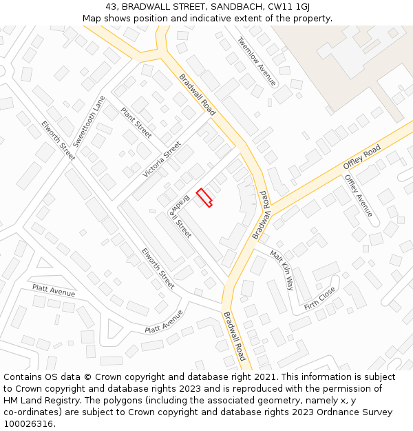 43, BRADWALL STREET, SANDBACH, CW11 1GJ: Location map and indicative extent of plot