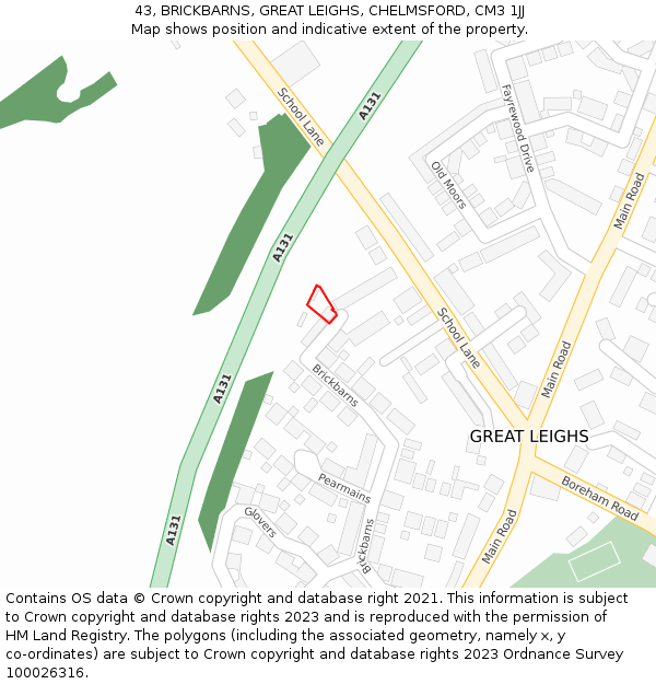 43, BRICKBARNS, GREAT LEIGHS, CHELMSFORD, CM3 1JJ: Location map and indicative extent of plot