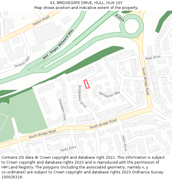 43, BRIDGEGATE DRIVE, HULL, HU9 1SY: Location map and indicative extent of plot