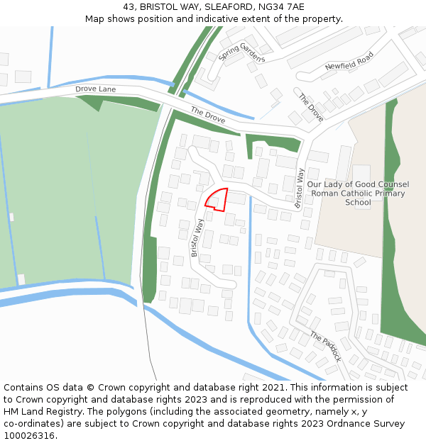 43, BRISTOL WAY, SLEAFORD, NG34 7AE: Location map and indicative extent of plot
