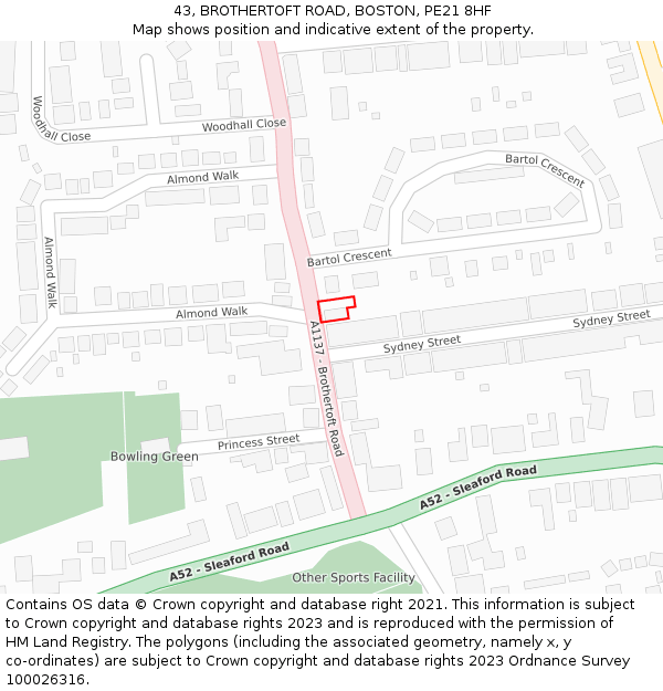 43, BROTHERTOFT ROAD, BOSTON, PE21 8HF: Location map and indicative extent of plot