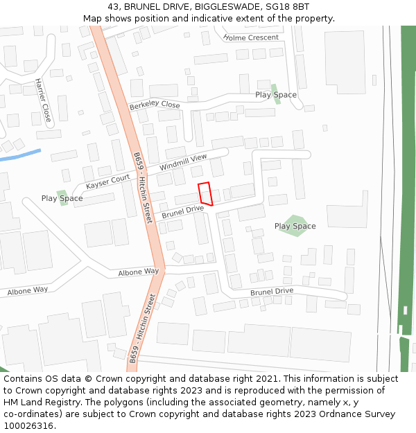 43, BRUNEL DRIVE, BIGGLESWADE, SG18 8BT: Location map and indicative extent of plot