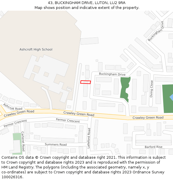 43, BUCKINGHAM DRIVE, LUTON, LU2 9RA: Location map and indicative extent of plot