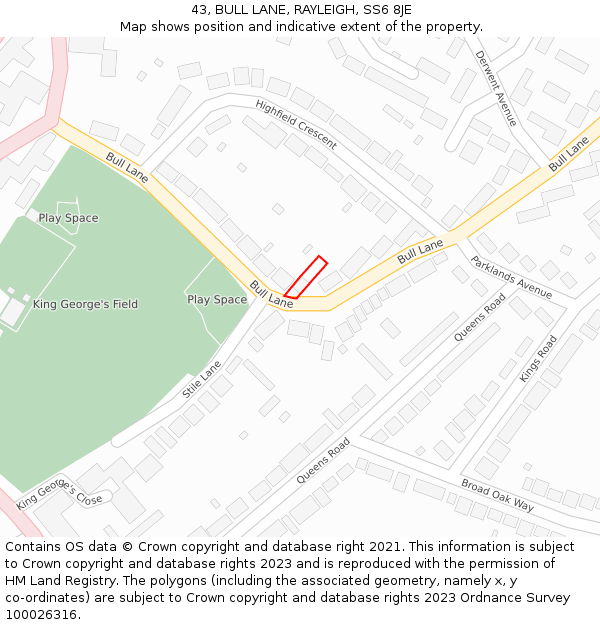 43, BULL LANE, RAYLEIGH, SS6 8JE: Location map and indicative extent of plot