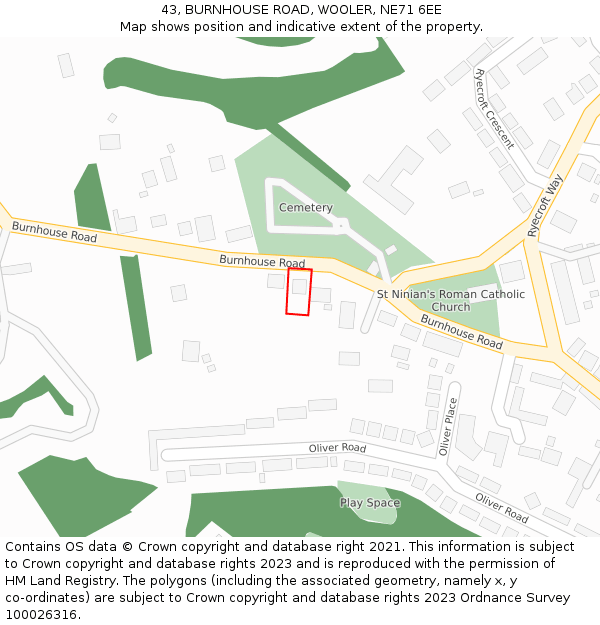 43, BURNHOUSE ROAD, WOOLER, NE71 6EE: Location map and indicative extent of plot