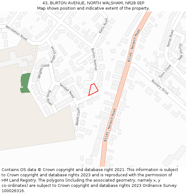 43, BURTON AVENUE, NORTH WALSHAM, NR28 0EP: Location map and indicative extent of plot