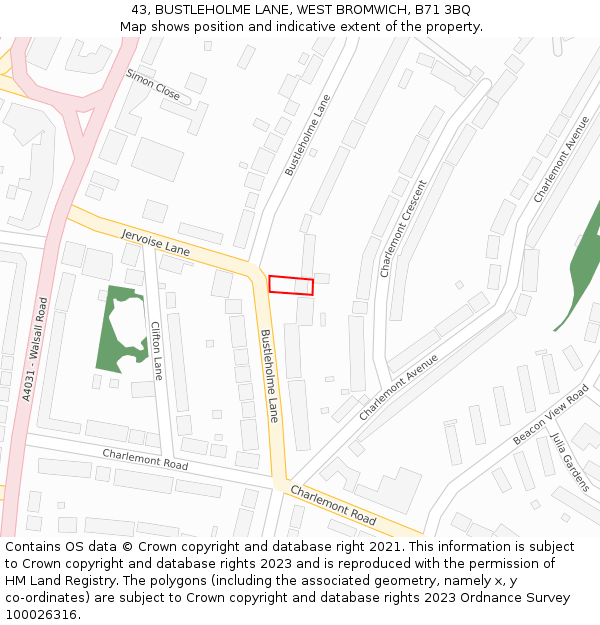 43, BUSTLEHOLME LANE, WEST BROMWICH, B71 3BQ: Location map and indicative extent of plot