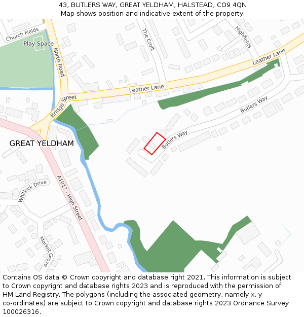 43, BUTLERS WAY, GREAT YELDHAM, HALSTEAD, CO9 4QN: Location map and indicative extent of plot