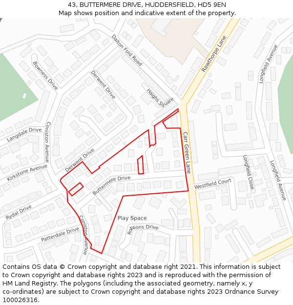 43, BUTTERMERE DRIVE, HUDDERSFIELD, HD5 9EN: Location map and indicative extent of plot