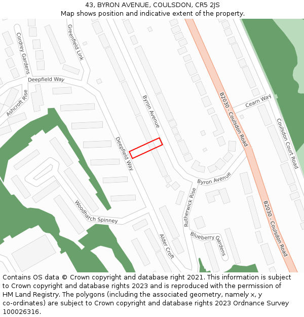 43, BYRON AVENUE, COULSDON, CR5 2JS: Location map and indicative extent of plot