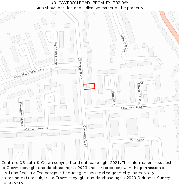 43, CAMERON ROAD, BROMLEY, BR2 9AY: Location map and indicative extent of plot