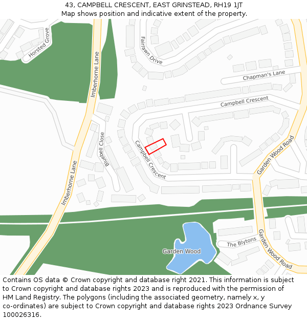 43, CAMPBELL CRESCENT, EAST GRINSTEAD, RH19 1JT: Location map and indicative extent of plot