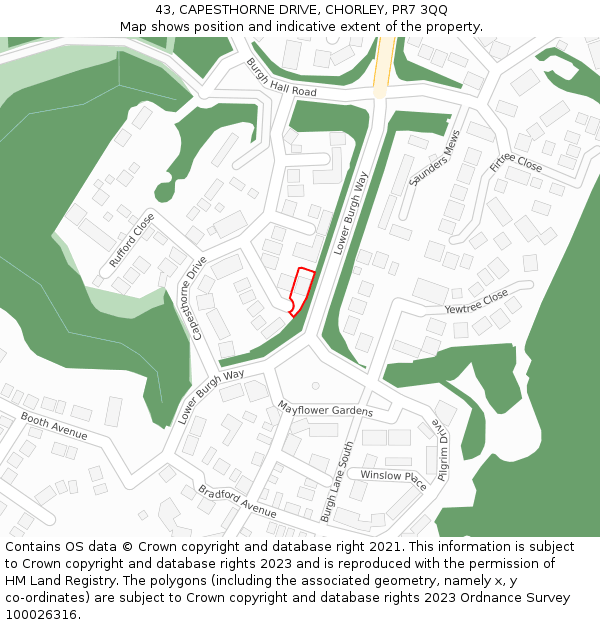 43, CAPESTHORNE DRIVE, CHORLEY, PR7 3QQ: Location map and indicative extent of plot