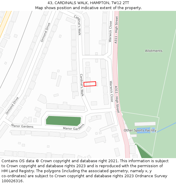 43, CARDINALS WALK, HAMPTON, TW12 2TT: Location map and indicative extent of plot