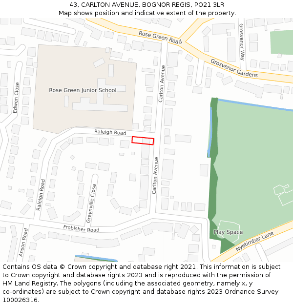 43, CARLTON AVENUE, BOGNOR REGIS, PO21 3LR: Location map and indicative extent of plot