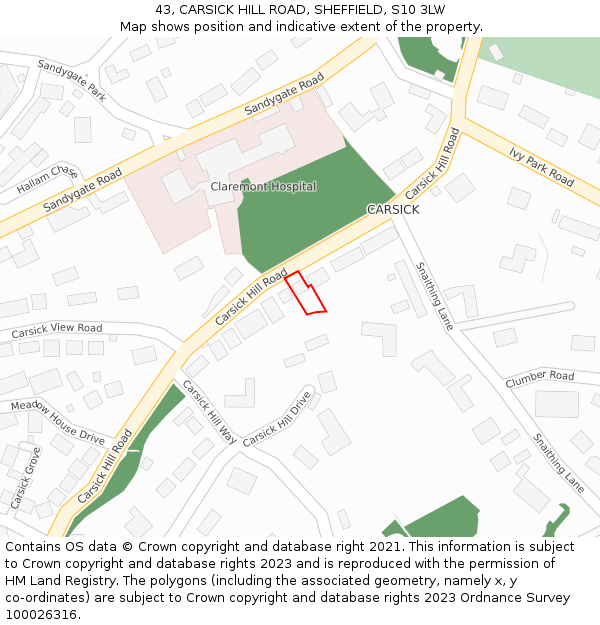 43, CARSICK HILL ROAD, SHEFFIELD, S10 3LW: Location map and indicative extent of plot