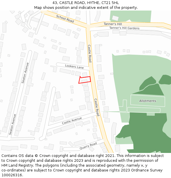 43, CASTLE ROAD, HYTHE, CT21 5HL: Location map and indicative extent of plot