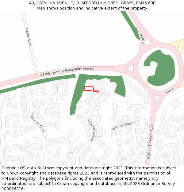 43, CATALINA AVENUE, CHAFFORD HUNDRED, GRAYS, RM16 6RE: Location map and indicative extent of plot