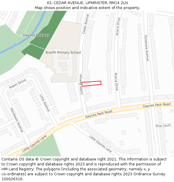 43, CEDAR AVENUE, UPMINSTER, RM14 2LN: Location map and indicative extent of plot