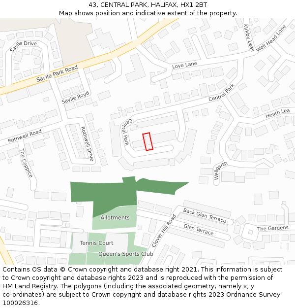 43, CENTRAL PARK, HALIFAX, HX1 2BT: Location map and indicative extent of plot
