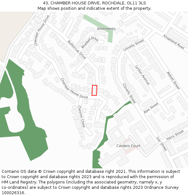 43, CHAMBER HOUSE DRIVE, ROCHDALE, OL11 3LS: Location map and indicative extent of plot