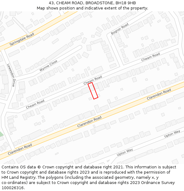 43, CHEAM ROAD, BROADSTONE, BH18 9HB: Location map and indicative extent of plot