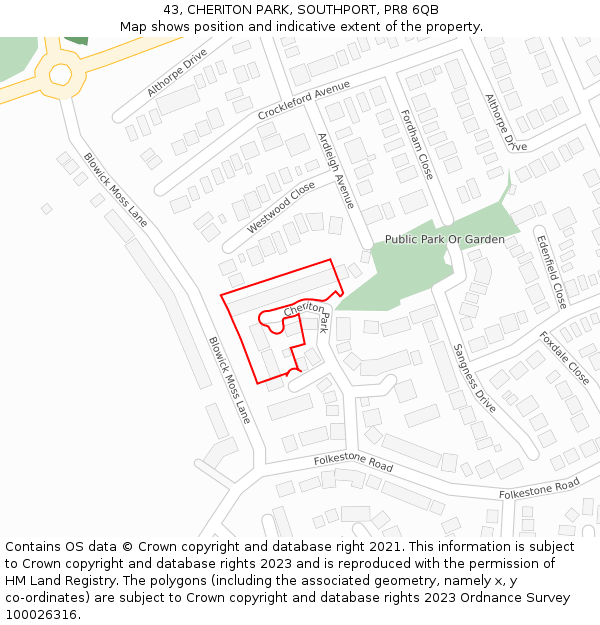 43, CHERITON PARK, SOUTHPORT, PR8 6QB: Location map and indicative extent of plot