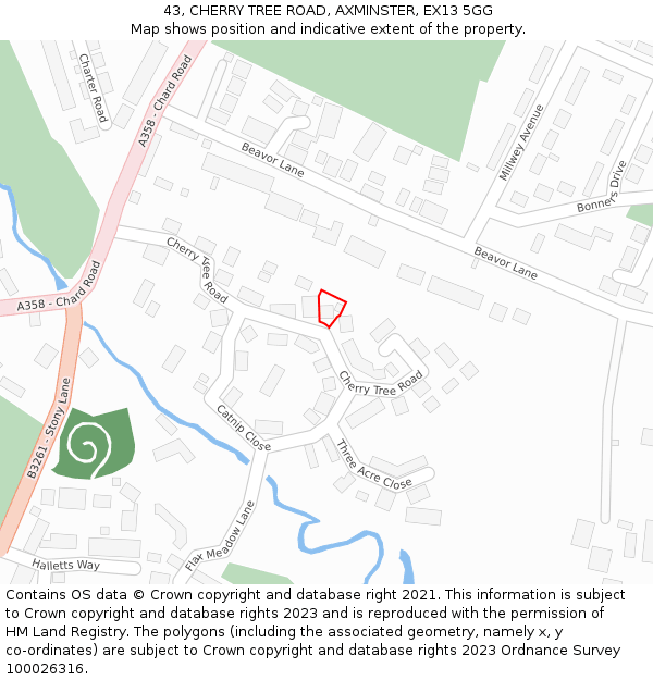 43, CHERRY TREE ROAD, AXMINSTER, EX13 5GG: Location map and indicative extent of plot