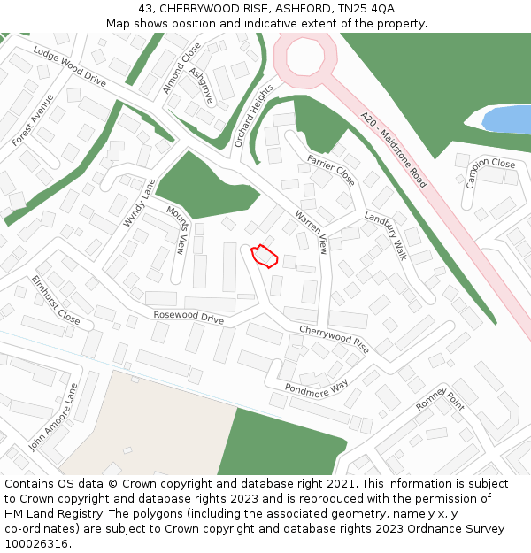 43, CHERRYWOOD RISE, ASHFORD, TN25 4QA: Location map and indicative extent of plot
