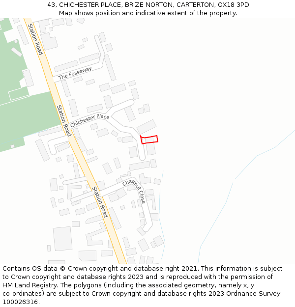 43, CHICHESTER PLACE, BRIZE NORTON, CARTERTON, OX18 3PD: Location map and indicative extent of plot